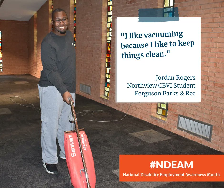 SSDStLCo's tweet photo. Jordan participates in CBVI at Northview School. He performs several job tasks at @FergRec, but his favorite is vacuuming. Jordan aspires to be a high school social studies teacher and enjoys supporting his fellow classmates with kind words! #NDEAM https://t.co/PZJH1yExZq