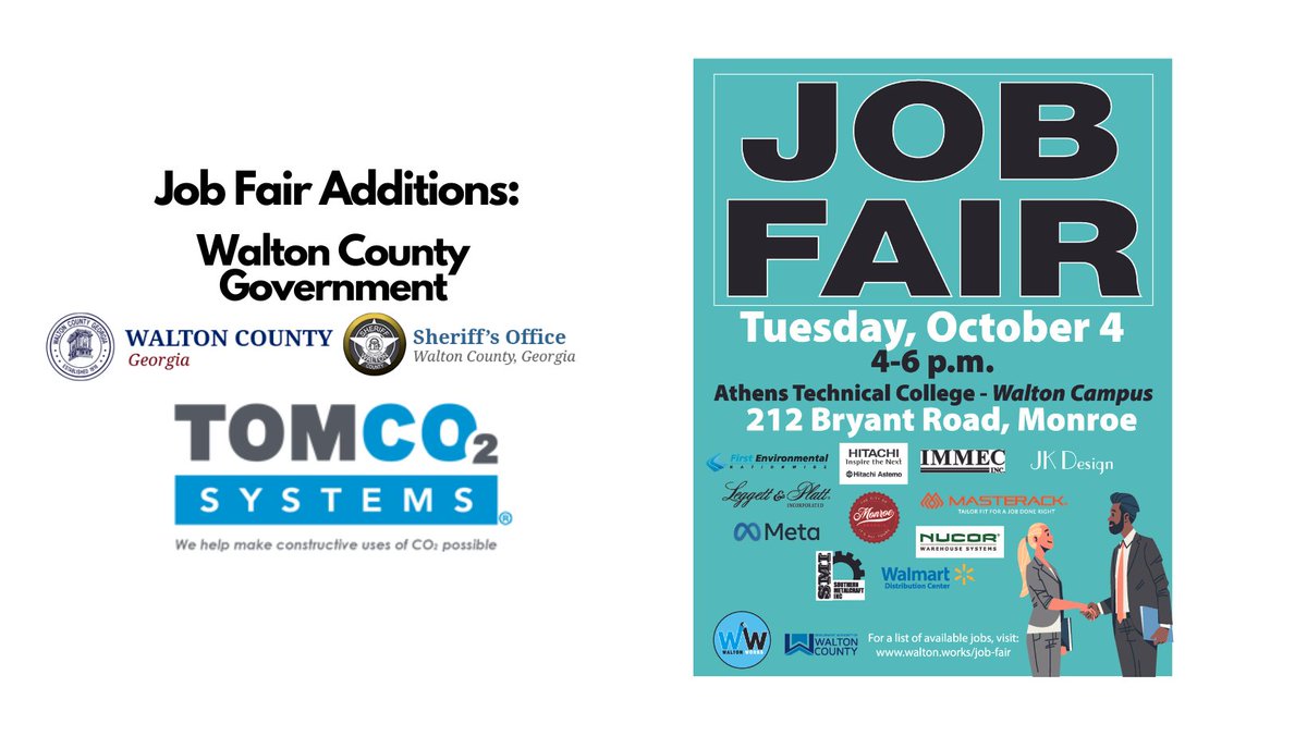 TODAYS THE DAY:: Come visit with 14 companies advertising for more than 100 local careers. Tuesday, 10/4, from 4 to 6 at Athens Technical College Walton Campus. Visit walton.works/job-fair for a list of positions.
