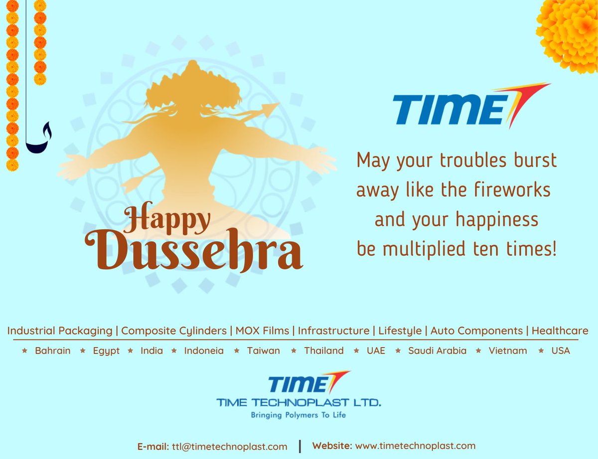 Happy Dussehra!
May your troubles burst away like fireworks &amp; your happiness be multiplied ten times!

#HappyDussehra #timetechnoplast #timetechnoplastltd #festivalvibes