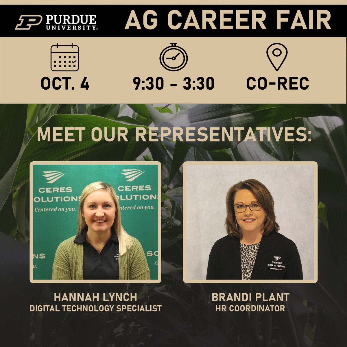 We hope to see you today at the Career Fair! Stop by and say hello to our two Ceres Solutions Representatives, Hannah &amp; Brandi!

#GrowWithCeres #SummerInternships #CareersInAg