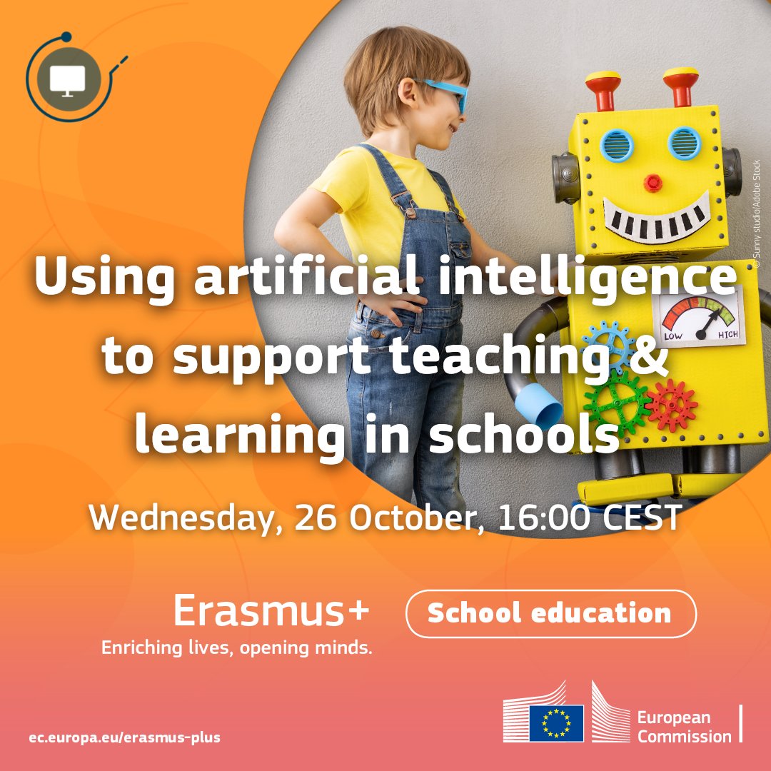 📣 Webinar today! Join the European School Education Platform webinar on using artificial intelligence to support teaching and learning in schools, with🎙️speakers @mbrasneves & @gkountouma! ⏰ It starts at 16:00 Join here👉bit.ly/3C6ltQ3
