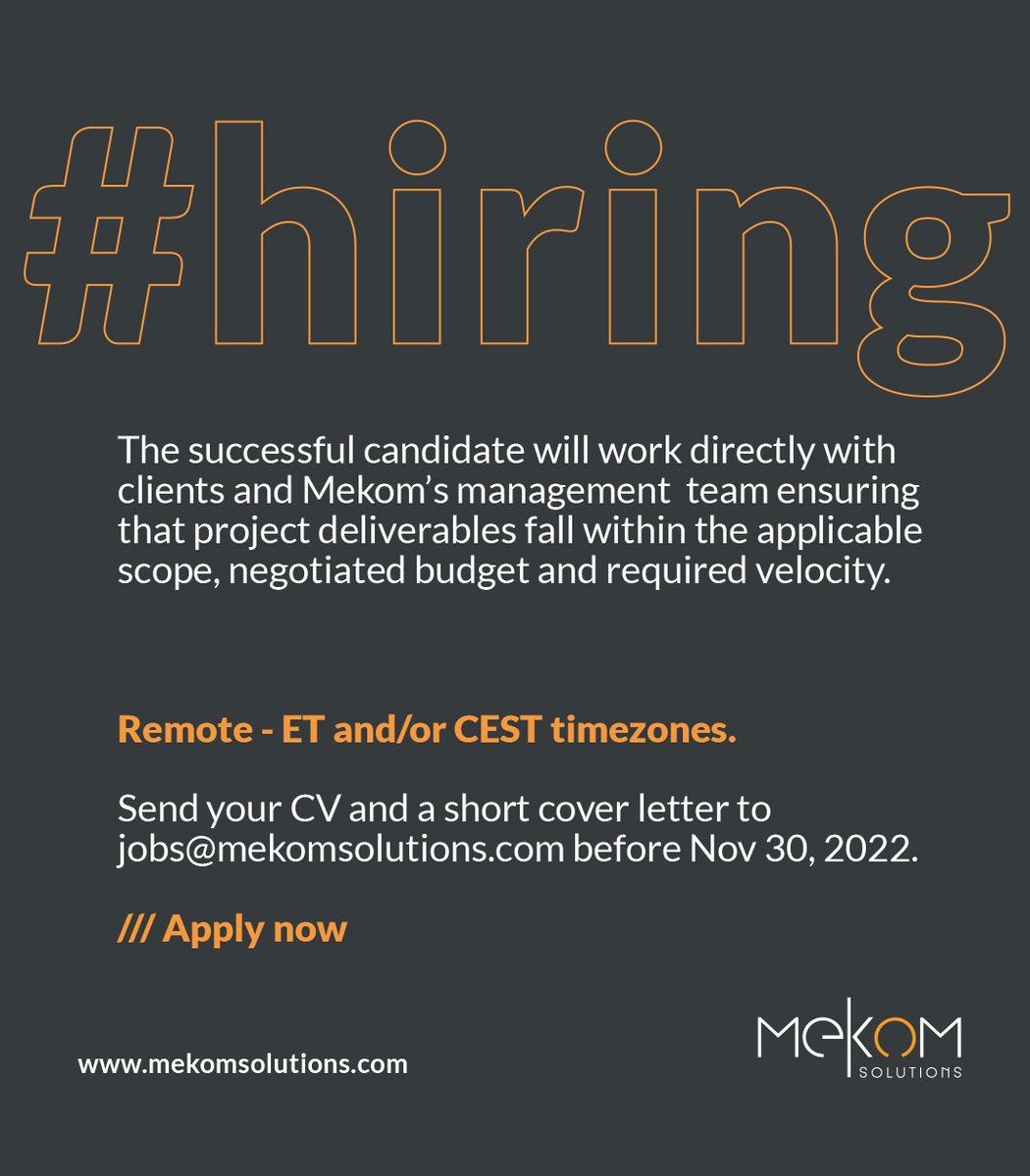 mekomsolutions's tweet photo. Join #MekomSolutions - We're looking for a Software Project Manager!
Send your CV and a short cover letter to jobs@mekomsolutions.com before Nov 30, 2022 - Apply now! - Full Job posting here: 
https://t.co/0TjIiMEsUH

#Hiring #HIRINGNOW #DigitalHealth #OpenSource #Globalgoods https://t.co/HpPyoLKFoL