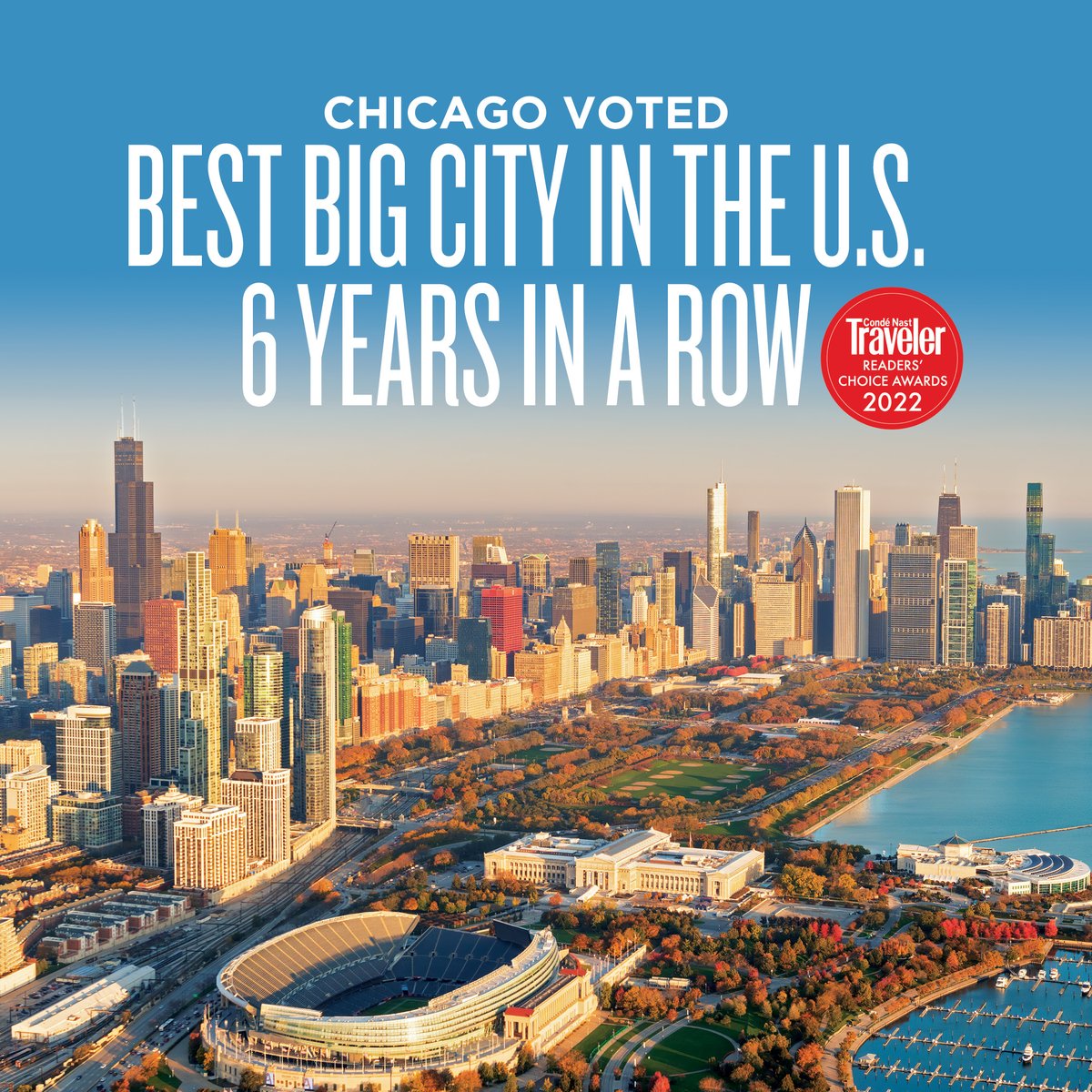 ChooseChicago's tweet image. We got the 6-peat! 🥇 Chicago has been voted Best Big City in the U.S. by @cntraveler readers for a historic 6 years in a row! 

Show your pride and share the news with #ChicagoBestBigCityx6!

Read more: bit.ly/2QxUDH4
#RCA2022