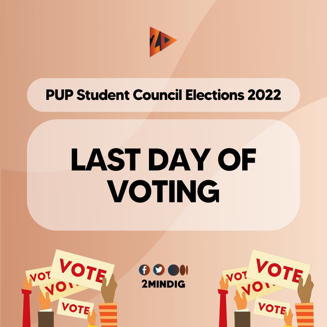 2minDig's tweet photo. Mga Iskolar ng Bayan! Ito na ang huling araw upang gamitin ang inyong karapatan na bumoto, upang piliin ang susunod na mga estudyanteng magiging lider ng Sintang Paaralan.
Vote Closing Time: 11:59 PM
October 4, 2022
#TinigNgIskolar
#PUPHalalan2022
#PUPSCElection2022
#2MINDIG https://t.co/TfT0g7ayKF