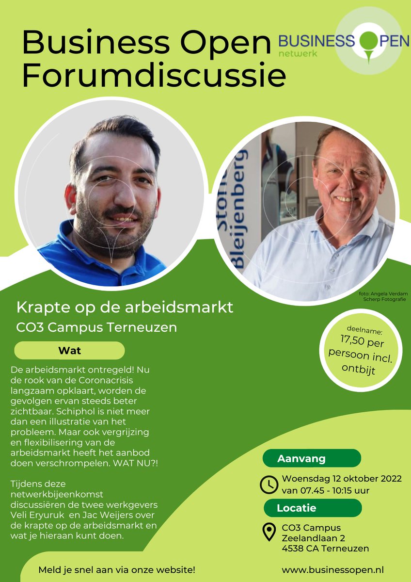 De arbeidsmarkt ontregeld! Tijdens deze netwerkbijeenkomst discussiëren de twee werkgevers Veli Eryürük en Jac. Weijers over de krapte op de arbeidsmarkt en wat je hieraan kunt doen.

Interesse? Aanmelden kan via
businessopen.nl/netwerkclubs/z…

#werkgever #Discussie #arbeidsmarkt