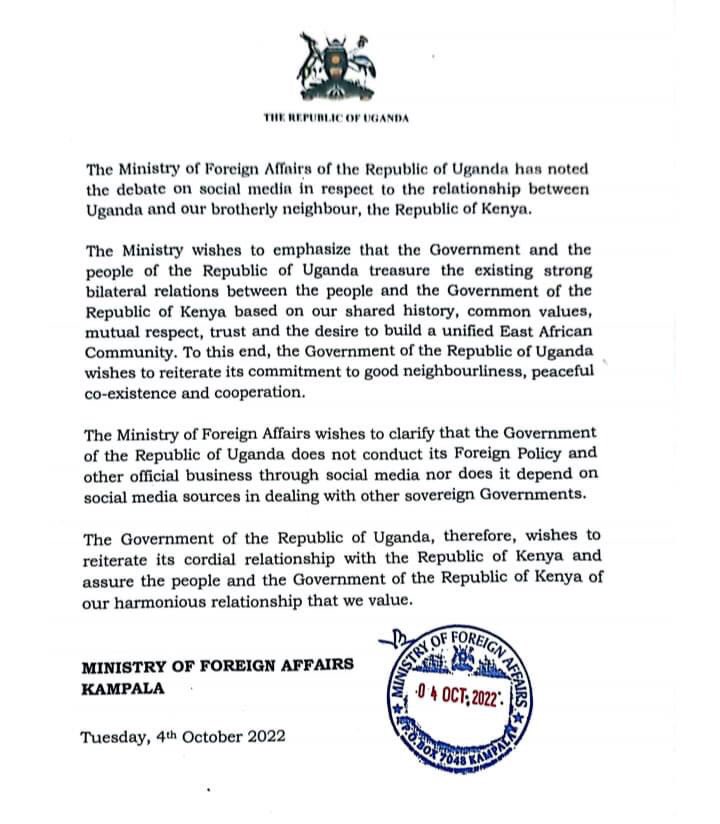 freshtvug's tweet photo. Government distances itself from Muhoozi’s tweets about capturing Nairobi.

“Government doesn't conduct it's foreign policy and other official business through social media" - Uganda's ministry of Foreign Affairs 
#freshupdates https://t.co/8wKpSfltZr