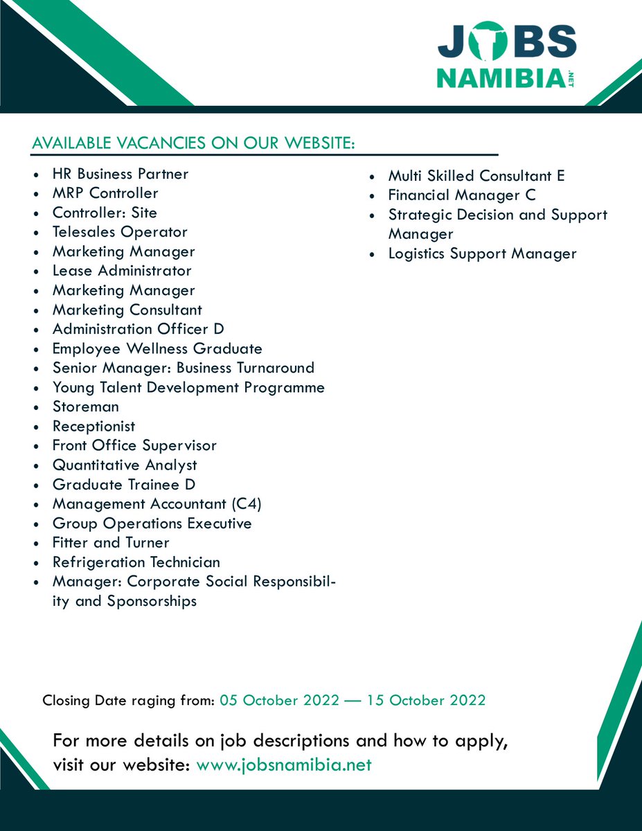 jobs_namibia's tweet photo. We just uploaded around 25+ opening vacancies on our website: https://t.co/EWroMv9tlv

Closing Date Ranging from: 05 October 2022 - 15 October 2022
For More Details on Job Descriptions and How to Apply, visit: https://t.co/EWroMv9tlv

Share.
#Vacancies #jobs #jobsinnamibia https://t.co/4cXdrU70T6