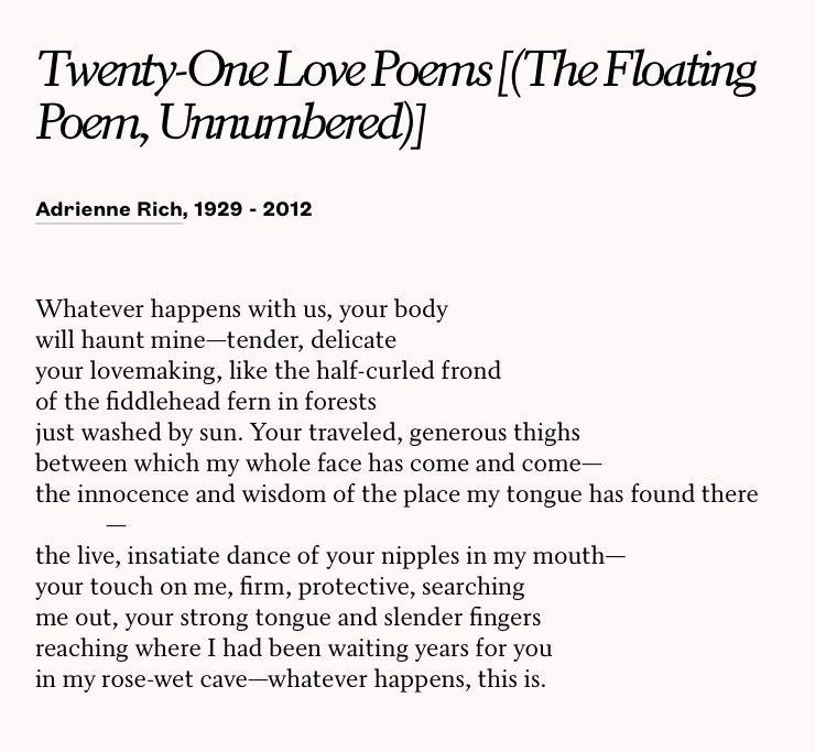 Today's poetry thread:  DESIRE

Here's a *scorcher* by Adrienne Rich.  Feel free to add poems.