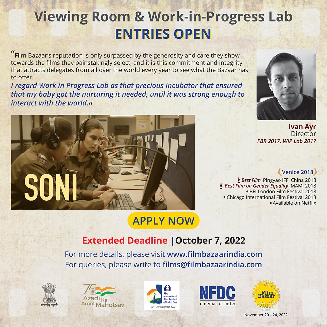 filmbazaarindia's tweet photo. Attention filmmakers📣
Only 3 DAYS to go for the EXTENDED DEADLINE for #VR and #WIPLab applications.
Apply now @ https://t.co/67ZPNc9le5
 #VR2022 #WIP2022
# NFDC #Filmbazaar2022 #ViewingRoom #WorkInProgressLab #FilmBazaar  #CallForEntries https://t.co/QHOWKSMLjj