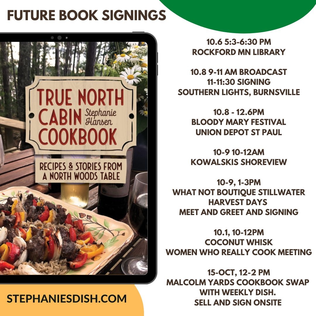 StephaniesDish's tweet photo. Lots of Book Signings coming up in October. I am looking forward to meeting you and selling and signing a book. If you have a book Bring it to me to sign.
A complete list of signings is at
https://t.co/eXUsGjGTL6
#truenorthcabincookbook #stephaniesdish @booksigning #cookbook https://t.co/dJYxlSqP4F