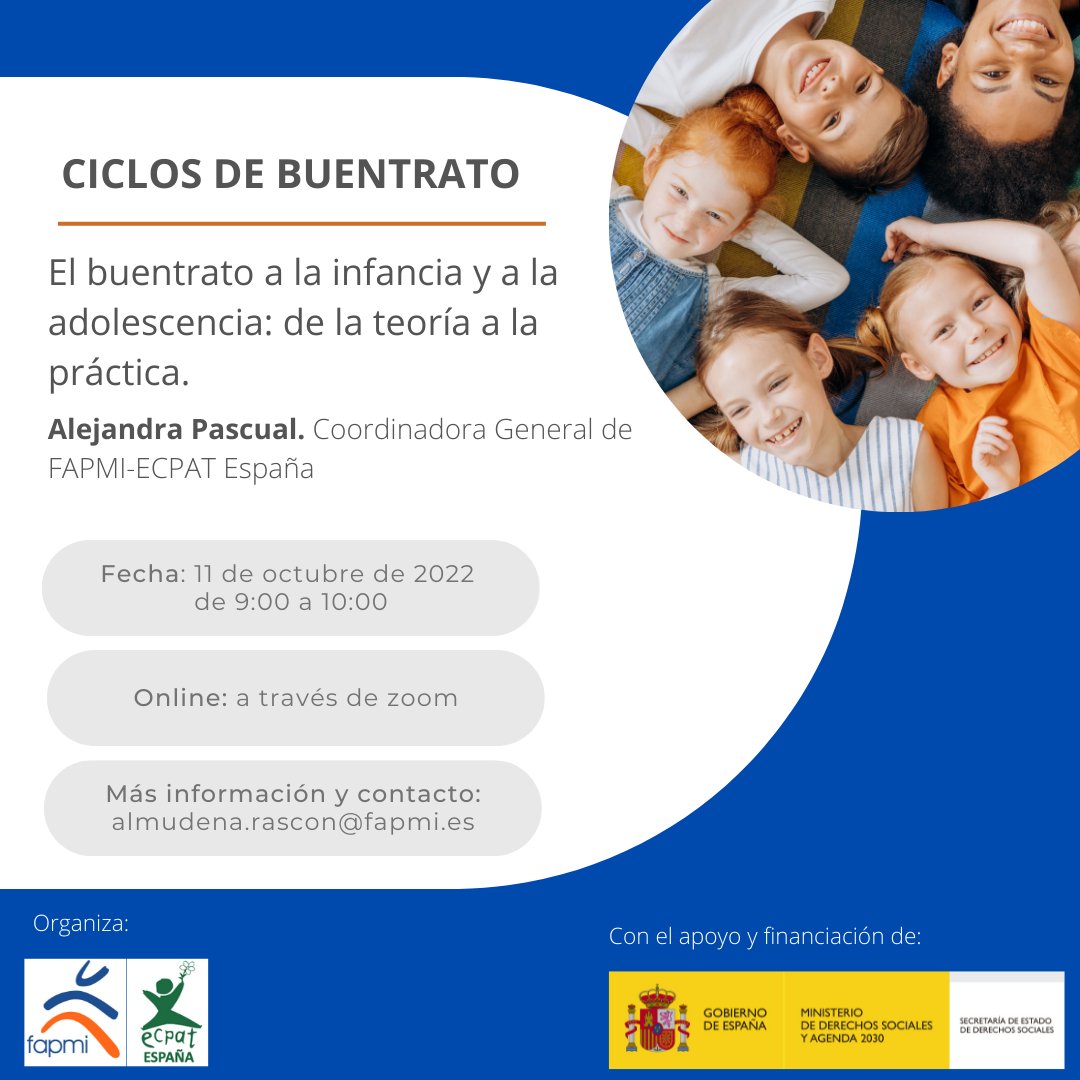✏️¡Primer ciclo del buentrato “El buentrato a la infancia y a la adolescencia: de la teoría a la práctica”!

📆 Martes 11 de octubre de 2022
🕒 De 9:00 a 10:00
💻 Online a través de Zoom

Inscripciones en nuestra página web: fapmi.es/formacion-cicl…