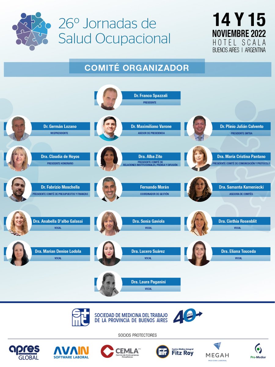 [NOVEDADES 26º JSO] ¡Conocé al Comité Organizador!

¿No te sumaste aún? podés inscribirte  en eventbrite.com.ar/e/26-jornadas-…

Te esperamos para celebrar los primeros 40 años de nuestra Sociedad.

El Equipo de la SMTBA

#saludocupacional #medicinalaboral #medicodeltrabajo
