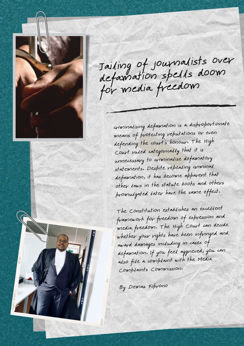 AmnestyKenya's tweet photo. @Tuko_co_ke @KBCChannel1 @StandardKenya @Kenyajudiciary @article19eafric @ODPP_KE Read more on this in our second #AmnestyRead of the day by @kipdemas. He analyses the cost of jailing journalists over defamation and its implications on media freedom. https://t.co/9Cwa4Z8Ied https://t.co/rZEGyFpVFL