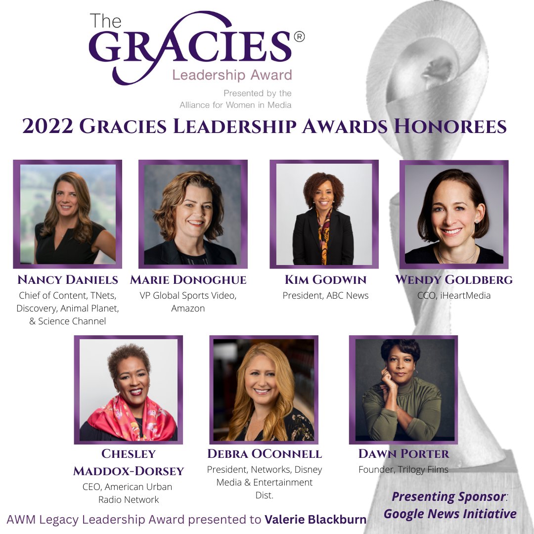 We are honored to announce the honorees for the Gracies Leadership Awards! allwomeninmedia.org/2022-gla-honor…. They join Valerie Blackburn, Legacy Leadership Award recipient, and Soledad O’Brien as keynote at this event.

#TheGracies #allwomeninmedia 
<a href="/Disney/">Disney</a> <a href="/iHeartMedia/">iHeartMedia</a> <a href="/soledadobrien/">Soledad O'Brien</a>