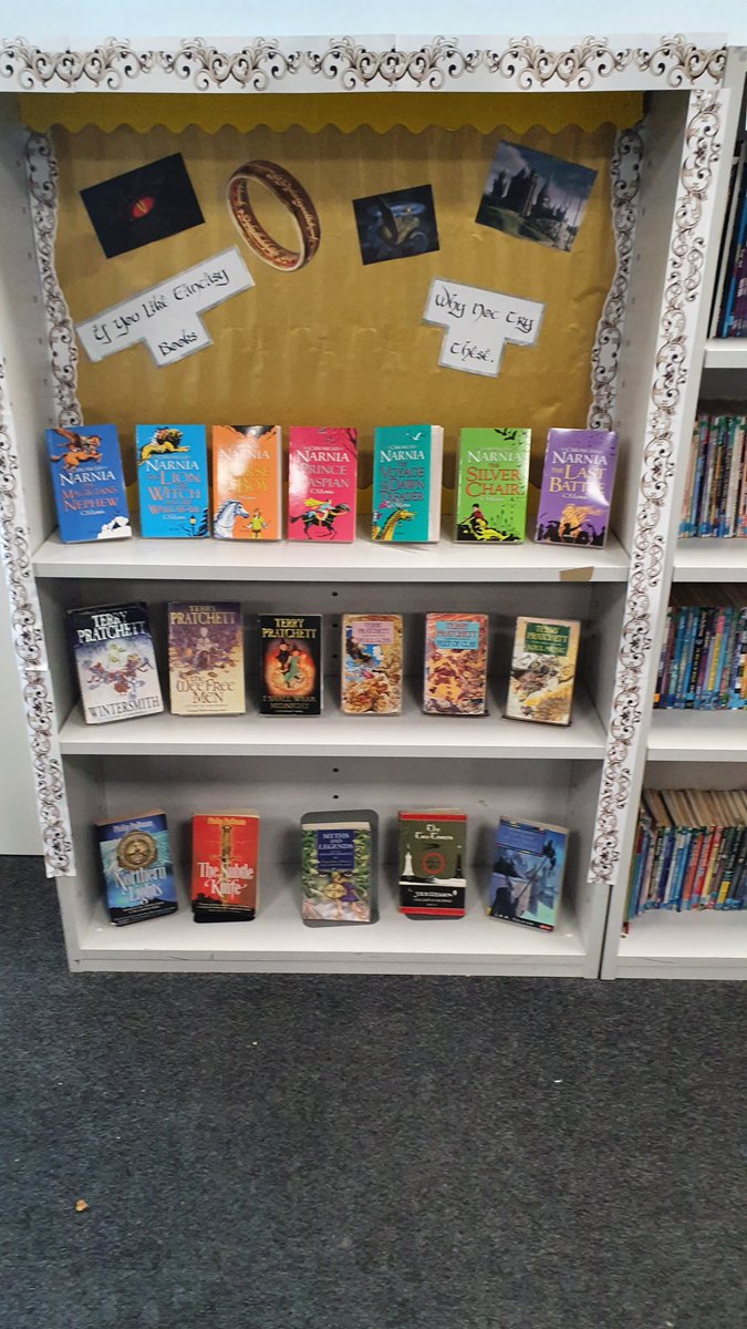 english_tps's tweet photo. If you like Lord of the Rings, The Hobbit, the Chronicles of Narnia, or Harry Potter, why not try one of these? All of these fantasy books and more are available in our library. https://t.co/Ppwpvsf0Do