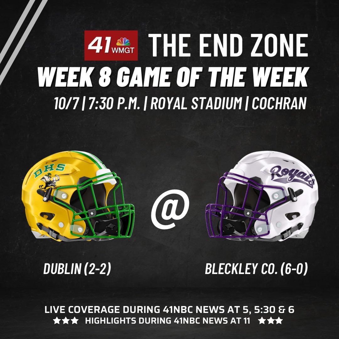 41NBC's tweet photo. #TheEndZone We’re heading to Cochran for our Week 8 Game of the Week!

It’s the 17th all-time meeting between #Dublin and #BleckleyCounty. The Fighting Irish lead the series 15-1. https://t.co/7HURlkVLt3