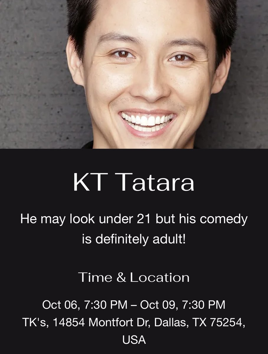 TK's Comedy (@tkscomedy) on Twitter photo This Thursday-Saturday we have stand up comedian <a href="/kttatara/">K.T. Tatara</a> performing! 🔥🎤 Get your tickets at tkscomedy.com/event-details/… ✨🙌 This Thursday-Saturday we have stand up comedian <a href="/kttatara/">K.T. Tatara</a> performing! 🔥🎤 Get your tickets at tkscomedy.com/event-details/… ✨🙌