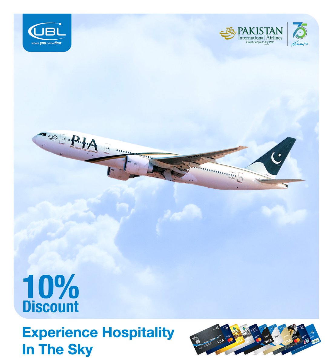 UBLDigital's tweet photo. Fly in comfort with UBL!
Enjoy an amazing discount of 10% with your UBL Credit or Debit Card on all PIA tickets.
Terms and Conditions apply.
#UBL #PIA #PakistanInternationalAirlines #UBLDiscounts #UBLCards #UBLCreditCard #UBLDebitCard #BestDigitalBank2022 https://t.co/7PZS2mAvgr