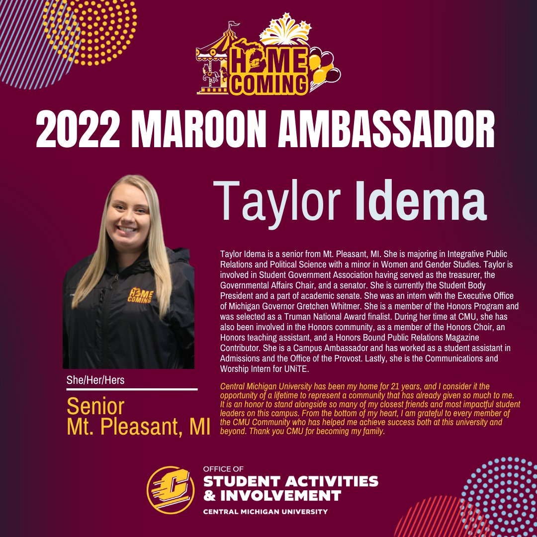 CMUActivities's tweet image. Voting for the 2022 Homecoming Gold Ambassador is open until Thursday, October 6th @ 5:00pm on Engage Central or the link in our bio!
