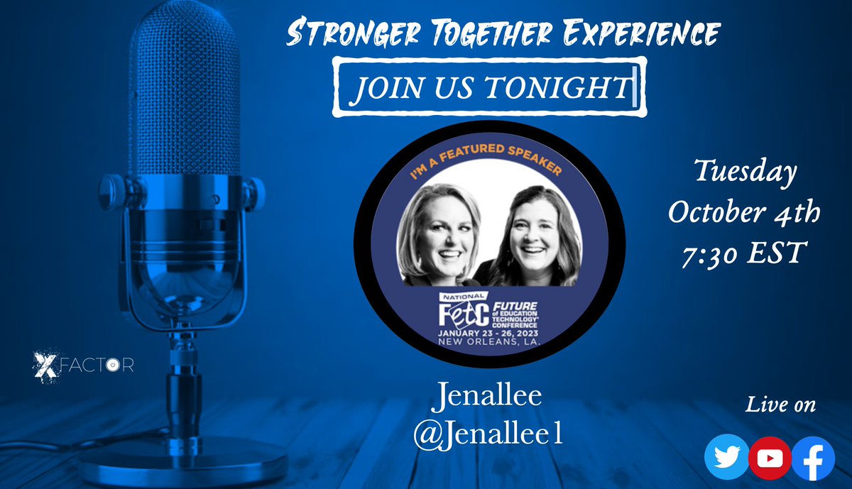 MatthewXJoseph's tweet photo. Tonight's the night.  #FETC  featured speakers  @Jenallee1 will be joining the #StrongerTogether experience at 7:30 pm est. We will be live on @Twitter
 @facebook and my @YouTube  channel https://t.co/faU1xYcbOt 

@mhs_aero @TechyLeaderEDU @SMoore_teach  @MRsalakas @mrhooker https://t.co/HGJZWDercp