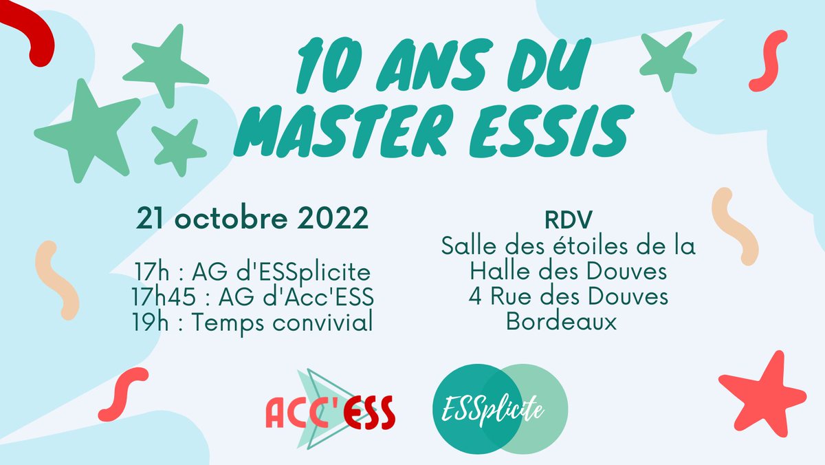 RIPESSEurope's tweet photo. Le Master #ESSIS fête ses 10 ans ! 🌻
RDV le 21 octobre à #Bordeaux, pour célébrer l’ #ESS et se retrouver entre étudiant.e.s, alumni, enseignant.e.s, et ami.e.s du Master et d’ @ESSplicite
ça se passe par ici 👉 https://t.co/eNX9yjyR4w https://t.co/z1T7j3NEWB