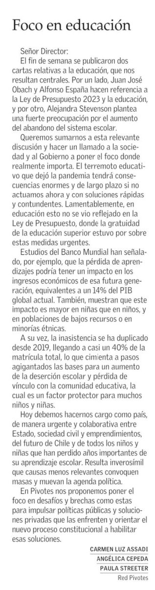 Pivotes_cl's tweet photo. La necesidad de poner el foco en problemas urgentes como la pérdida de aprendizaje y abandono del sistema escolar de niños y jóvenes.
Ese es el llamado de Pivotes. Lee la carta de las integrantes de nuestra red, Carmen Luz Assadi, Angélica Cepeda y Paula Streeter en El Mercurio https://t.co/AtDL5t6oLa