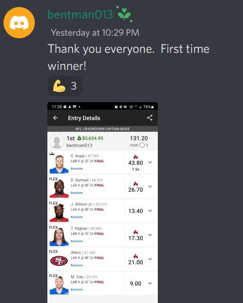 ChoppoDong's tweet photo. $30,000 win
$11,000 win
$5,000 wins
$3,000 wins
$2,000 wins
and too many others to count.

@dfsarmy smashed Week 4.  Why are you playing DFS alone? 

https://t.co/XVVG3ejMIP
#DFSAWins https://t.co/RfMjUg7NEC