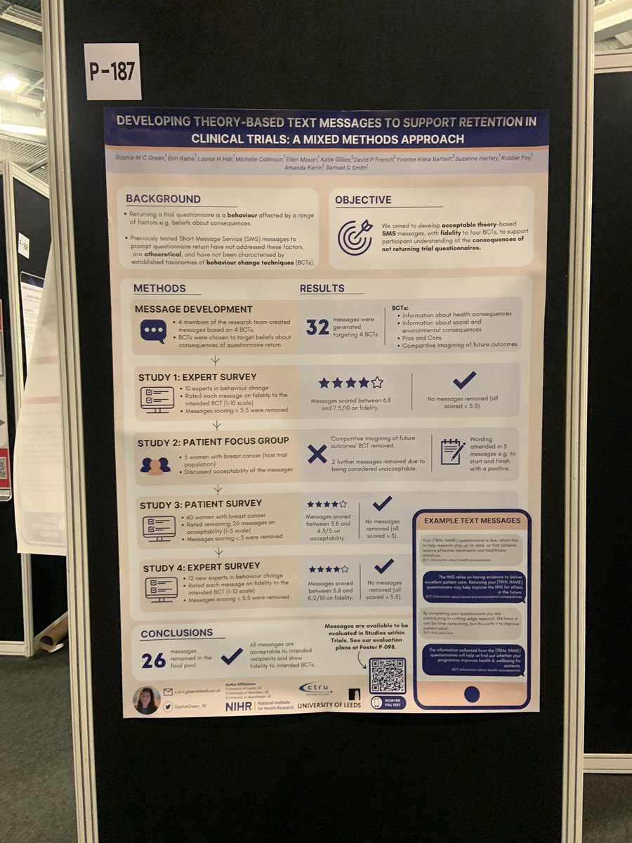 Come along to poster 187 see how we applied behavioural science to the development of text messages to support questionnaire return in clinical trials AND get access to our pool of text messages we developed! #ICTMC2022