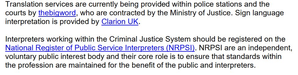 AishaManiar's tweet image. New #HomeOffice guidance on use of interpreters in criminal investigations states terps &quot;should&quot; be NRPSI-registered (i.e. qualified) but how to check when sourced via #thebigword? + no transparency from govt or outsourcer #thelawisbroken #criminaljustice assets.publishing.service.gov.uk/government/upl…