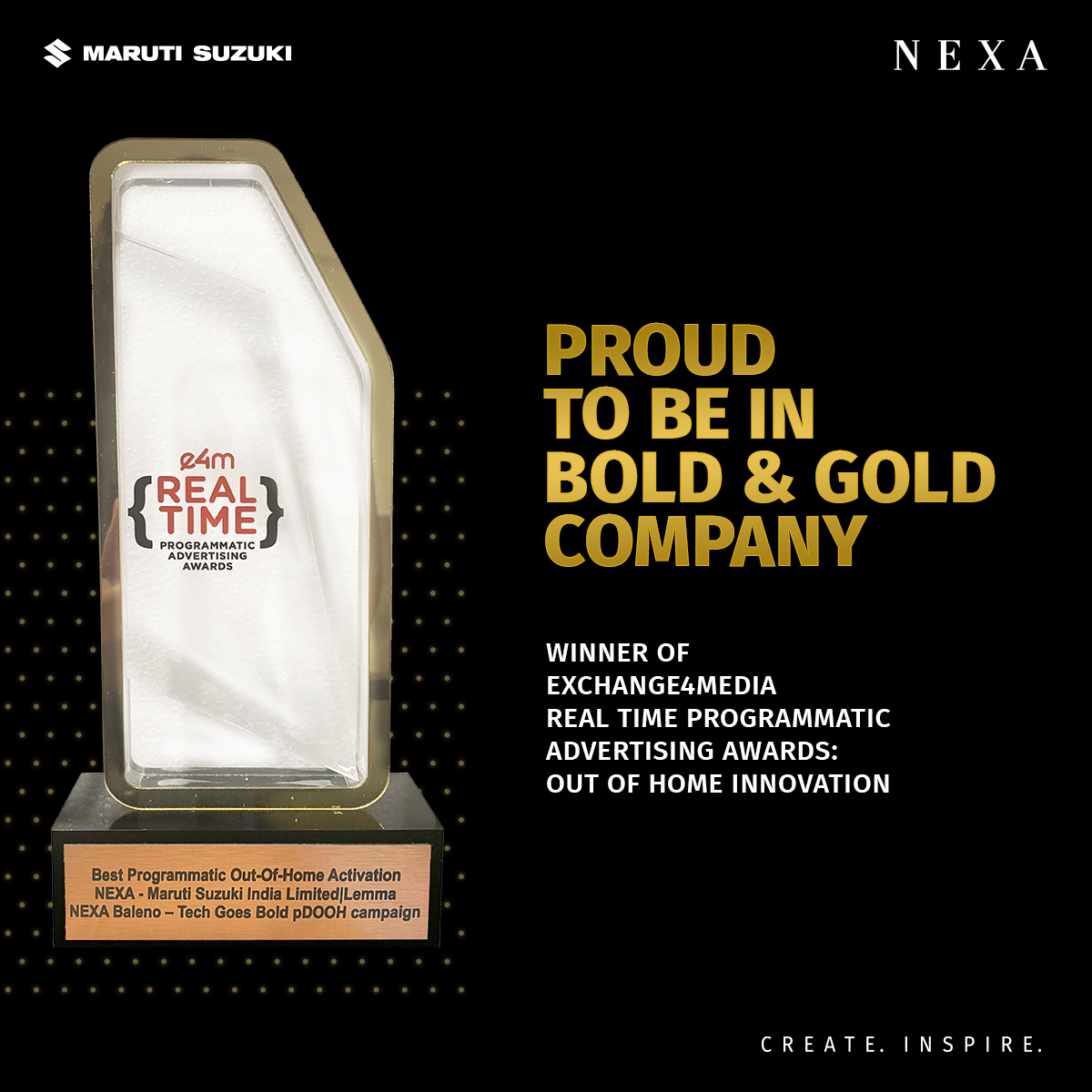 NexaExperience's tweet photo. This award is a testament to our dedication to finding new and innovative solutions. With the #NewAgeBaleno loaded with tech features, it was to showcase them on a Real Time Digital OOH.
Know More - https://t.co/pvPm5OfqdB
#NEXA #CreateInspire #TechGoesBold https://t.co/0MUxWUt6Pv