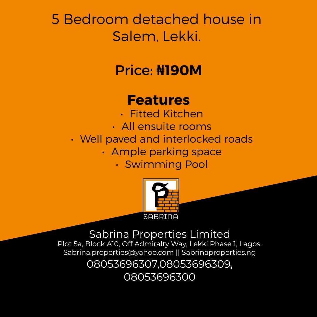 sabrinaproperty's tweet photo. Newly built 5 Bedroom Detached House, with all ensuite rooms, and a swimming pool.

📍Salem, Lekki, Lagos. 
🏷 NGN 190M.

For more information please contact 08053696309, 08053696307

#Listing #Lagos #Lekki #Salem
#LagosRealEstate #NigeriaRealEstate
#RealestateNg #HouseForSale https://t.co/ICTSyUsOIH