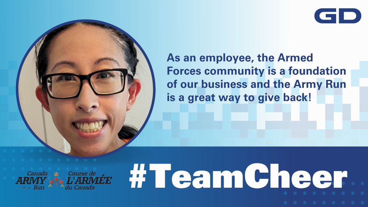 GDMS_C's tweet photo. What does our colleague Stephanie like best about the annual @CanadaArmyRun? It’s all about community and—most of all—celebrating and supporting our Canadian Forces. #TeamCheer #TeamGD #GDMSCsupports #NoOrdinaryRace https://t.co/LTqBlsR2jZ