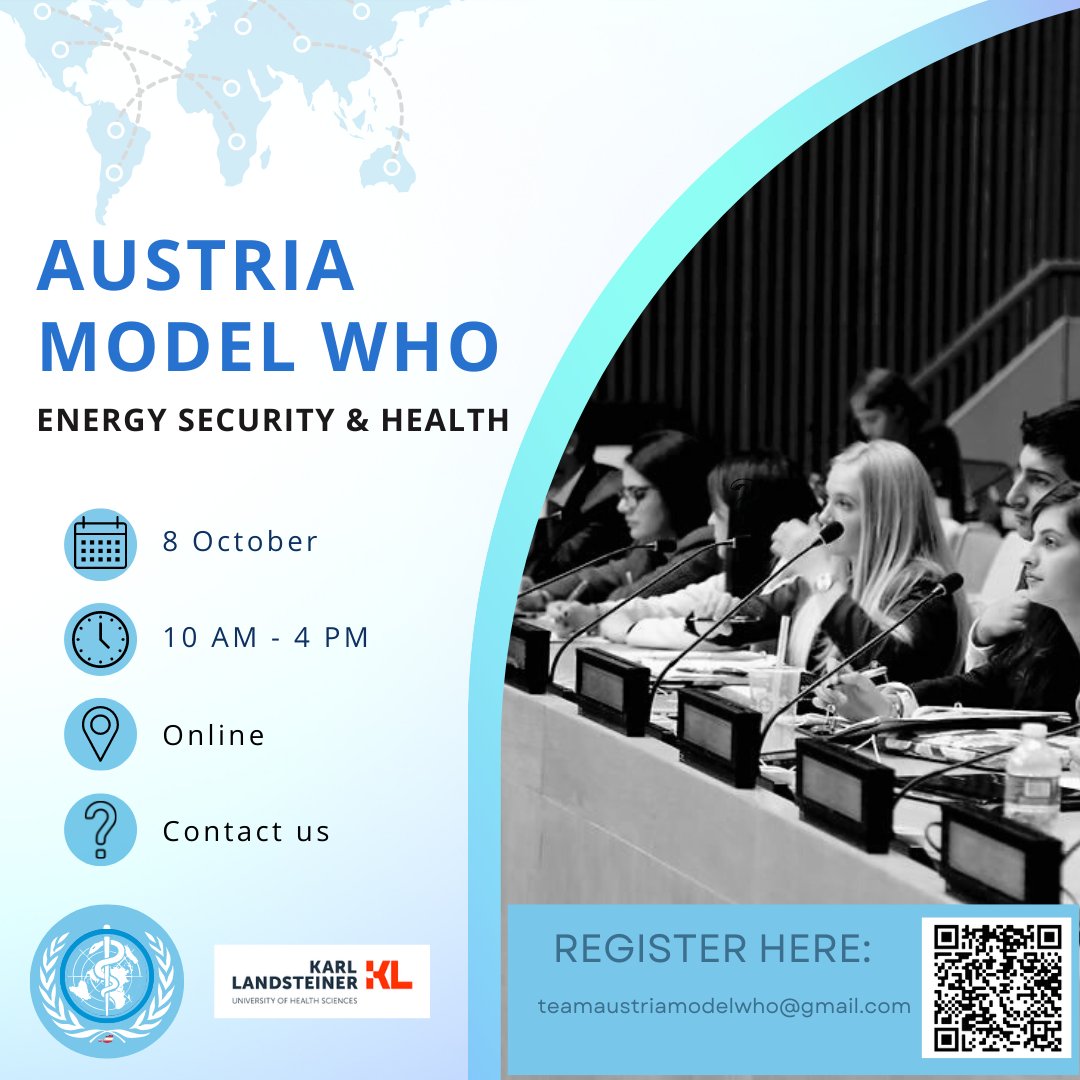 AModelwho's tweet photo. 📢Excited to announce the theme of the very first Austria Model WHO simulation - Energy security &amp; Health. 
Register here: https://t.co/9EAHna5zPw https://t.co/8B0Tp4V1NR