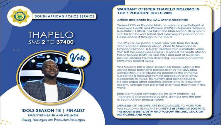 Thapelo_molom's tweet photo. Thank you to all my SAPS colleagues for voting and supporting me all the way
#IdolsSA Thapelo https://t.co/lVFe203rmD