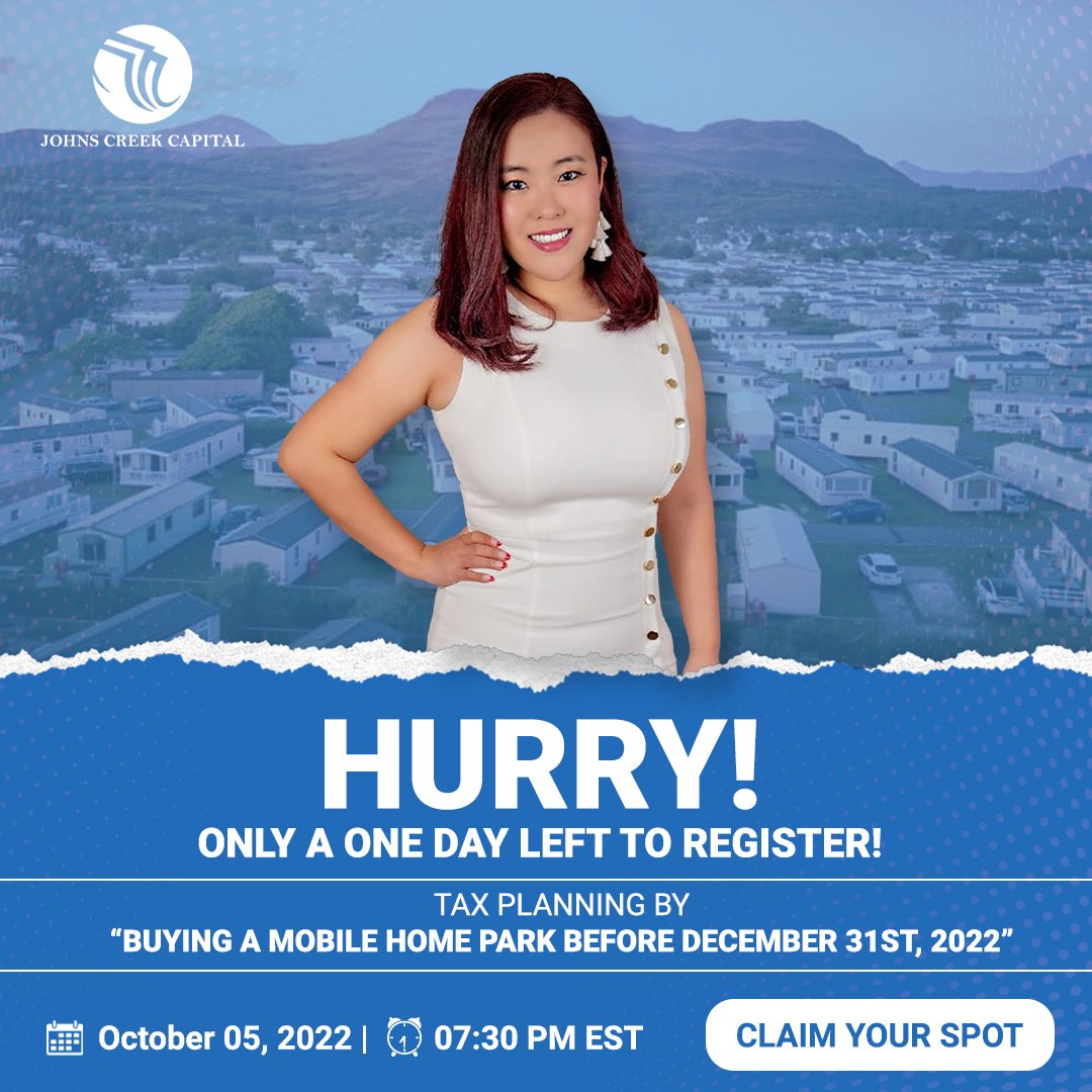 CapitalJohns's tweet photo. ⏰The clock is ticking down to December 31st, 2022���and if you're interested in buying a mobile home park before then, this webinar is for you
So don't miss out! Register now👉https://t.co/KOevuCK6aI

#webinar #mobilehomepark #mobilehome #mobilehomes #manufacturedhome #realestate https://t.co/Xwdz7VRyPB