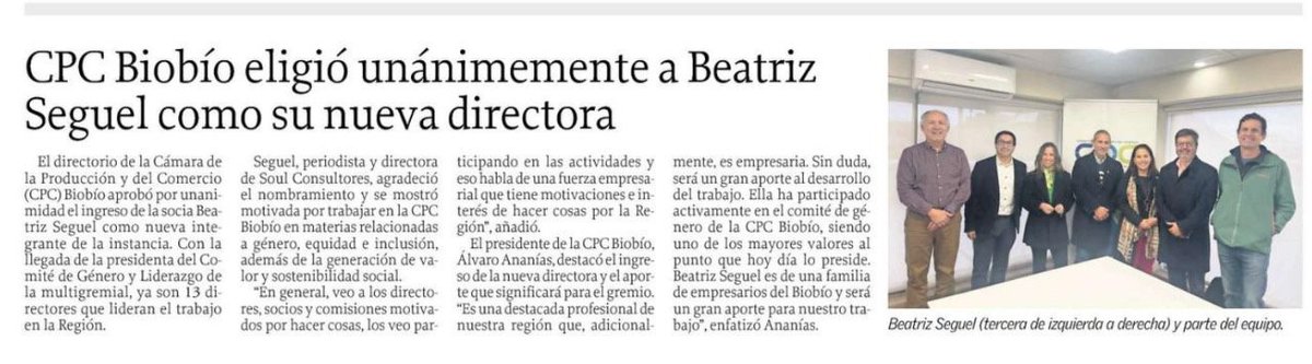 📰La prensa regional destaca la incorporación de la nueva directora a la <a href="/cpcbiobio/">Cámara de la Producción y del Comercio Biobío</a>, Beatriz Seguel 👏🤝 trade-news.cl/2022/10/04/cpc…