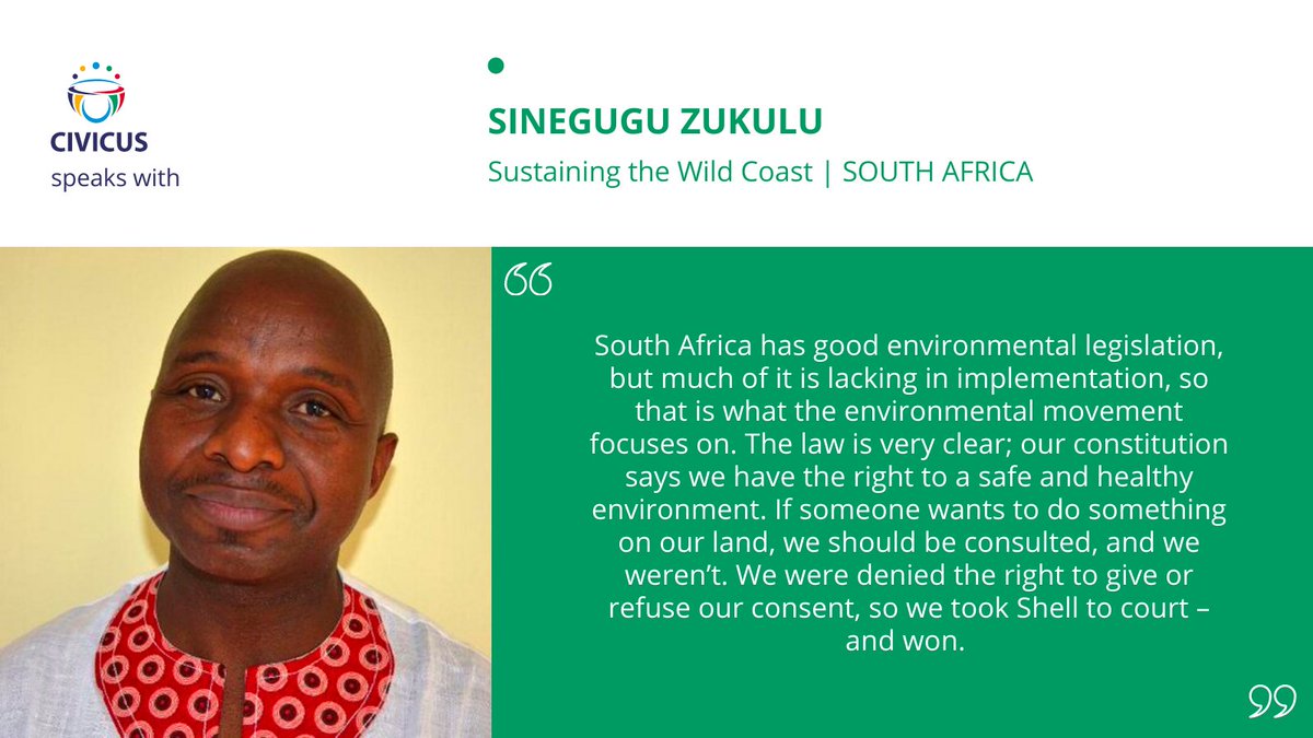 CIVICUSalliance's tweet photo. 🇿🇦#SouthAfrica: CIVICUS speaks about civil society’s recent court victory against Shell in South Africa with Sinegugu Zukulu, programme manager of Sustaining the Wild Coast (SWC).
More 👉🏾https://t.co/x1q6SBL0rs
#CIVICUSLens #CIVICUSInterview #SaveTheWildCoast
#OceanNotOil https://t.co/CZWyewAyIO