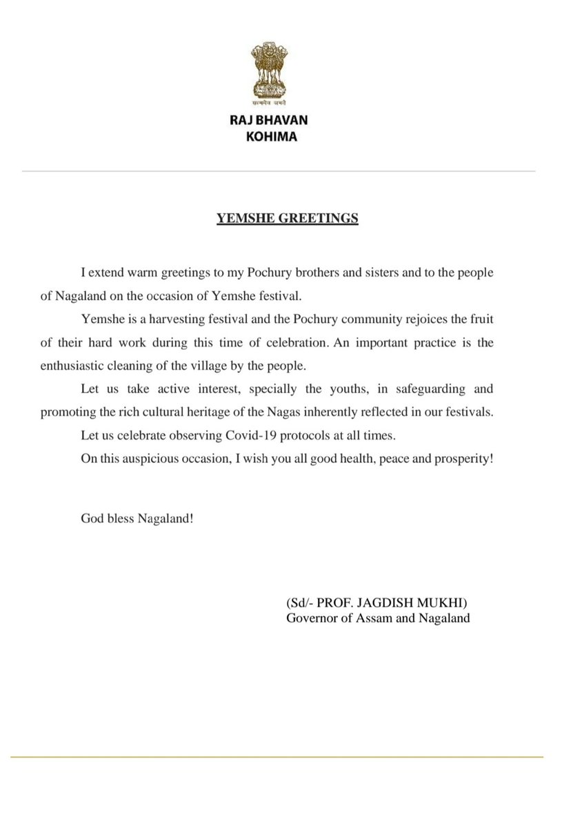 LokBhavanKohima's tweet photo. Governor of Assam and Nagaland extends Yemshe greetings @jagdishmukhi @dipr_nagaland @MyGovNagaland @PIBKohima #LandOfFestivals https://t.co/4N9p7dPu0j
