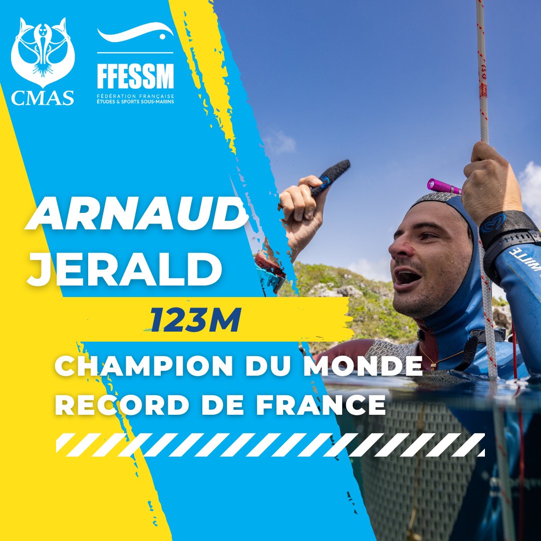 🥇 Le marseillais Arnaud Jerald est devenu champion du monde CMAS en poids constant monopalme dans le cadre du championnat du monde d'apnée à Kas (Turquie). Avec une magnifique plongée à 123m, il a également battu le record de France !!!
