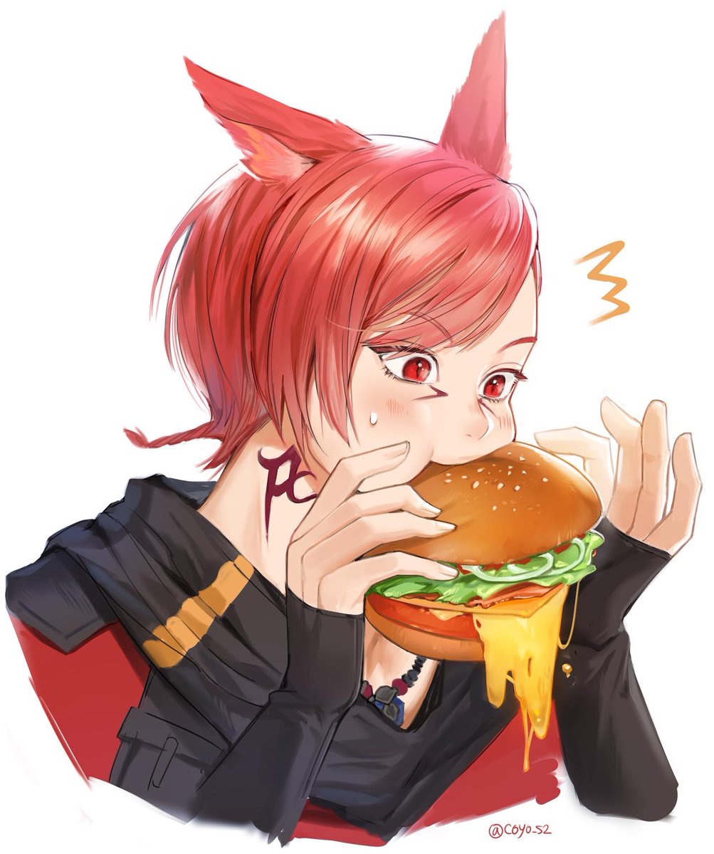 1boy food miqo'te red eyes male focus animal ears solo  illustration images