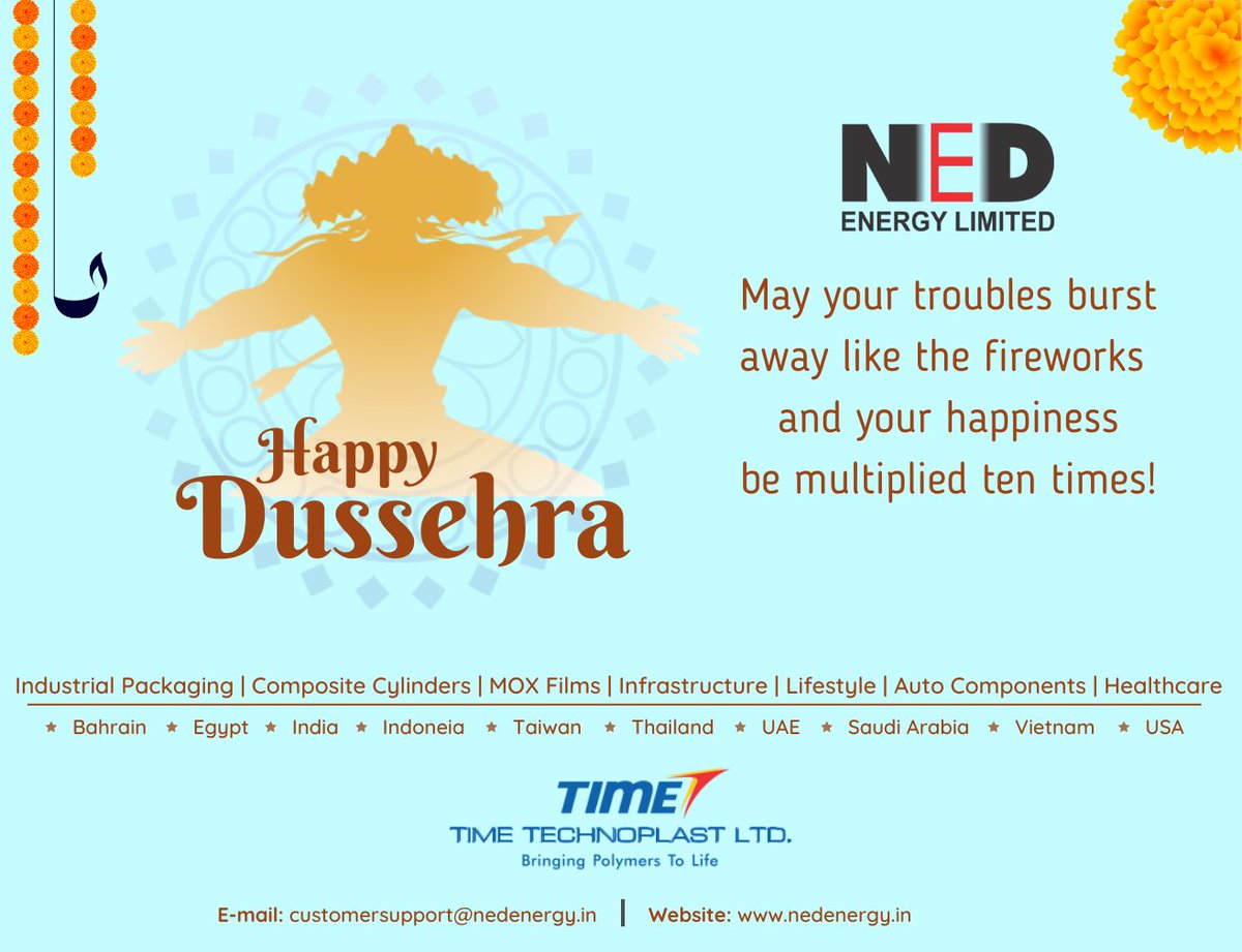 NedEnergyLtd's tweet photo. Happy Dussehra!
May your troubles burst away like fireworks &amp; your happiness be multiplied ten times!
#HappyDussehra #LPG #compositecylinders #litesafe #LiteSafeMakesLifeSafe https://t.co/DWOpPPlASU