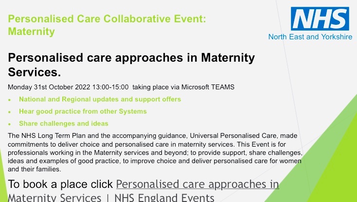 E.Jayne Heley๐ She/her (@jayneheley) on Twitter photo ๐ข Join us ๐ข
NEY <a href="/Pers_Care/">Personalised Care</a> team are pleased to announce a Maternity Collaborative.Hear from West Yorkshire and the journey so far in Personalised and Continuity of care along with National updates & much more. Register here bit.ly/3yawsqk #NEYPersonalisedCare ๐ข Join us ๐ข
NEY <a href="/Pers_Care/">Personalised Care</a> team are pleased to announce a Maternity Collaborative.Hear from West Yorkshire and the journey so far in Personalised and Continuity of care along with National updates & much more. Register here bit.ly/3yawsqk #NEYPersonalisedCare