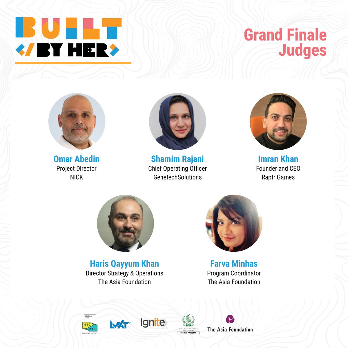 NIC_Karachi's tweet photo. We're all set to host the Grand Finale of the BuiltByHer 3.0 Hackathon organized in collaboration with the The Asia Foundation.
Meet our panel of judges!
Stay tuned for updates from the events!
#BuiltByHer #SayHelloToNICK #StartSomething https://t.co/1J75xlgWH3