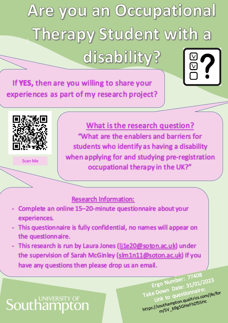 Are you an OT student who identifies as having a disability? Please consider taking part in our online survey to share your experiences.
southampton.qualtrics.com/jfe/form/SV_b9…