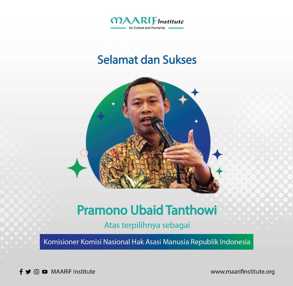 Selamat untuk <a href="/PramonoUtan/">Pramono U. Tanthowi</a> yang telah terpilih menjadi Komisioner <a href="/KomnasHAM/">HAM untuk Semua!</a>. Semoga amanah yg telah diberikan dapat dijalankan dengan sebaik baiknya.