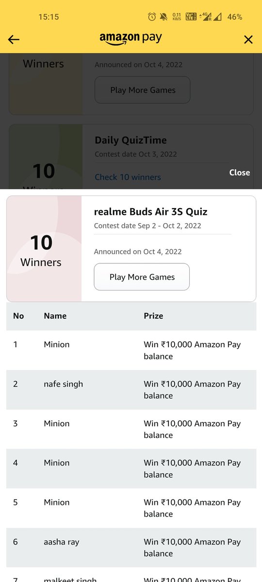 Kumarohit420's tweet photo. @amazon @amazonIN #WononAmazon 
How can This guy named Minion can win twice in a single lucky draw 😀.
And not even once this name is common in every quiz, spin or lucky draw.

I think amazon didn't have enough names to fake people. https://t.co/5iwgXlhpX3