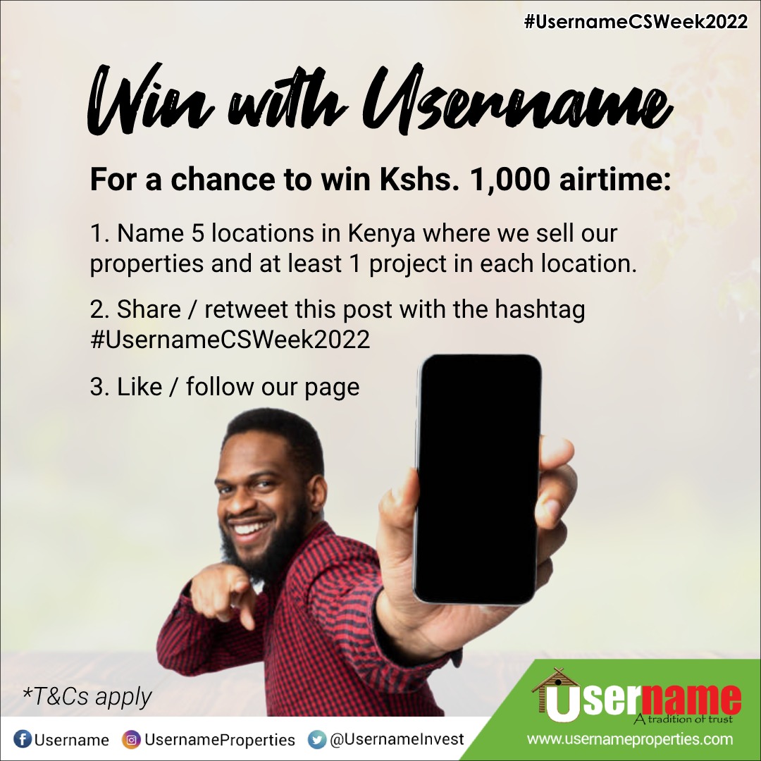 How well do you know our properties?

For a chance to win Kshs. 1,000 airtime:
1. Name 5 locations in Kenya where we sell our properties and at least 1 project in each location.
2. Retweet this post with the hashtag #UsernameCSWeek2022
3. Follow @UsernameInvest

*T&amp;Cs apply.