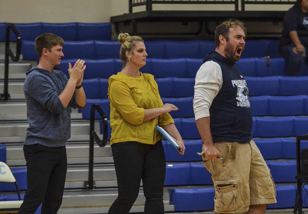 SMWCvball's tweet photo. The range of emotions in this picture perfectly showcases @dillontaylor4 @vbcoachharris and @Coachianharris on game day 🤣 https://t.co/kuPYdwja7j