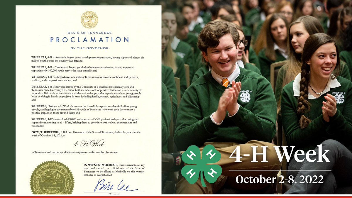 GovBillLee's tweet photo. As a longtime member of @4H, I know just how important this organization is in strengthening the next generation of TN leaders. I’m proud to proclaim it 4-H Week in TN. https://t.co/WmCb7iJNUR
