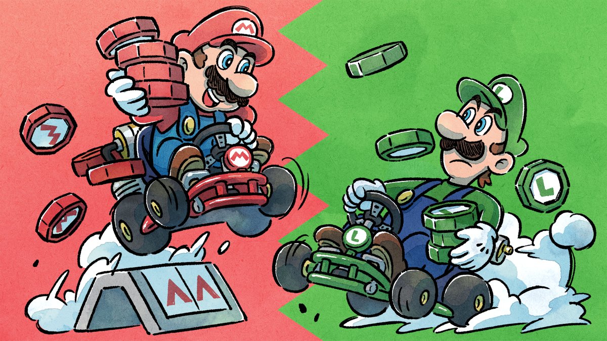 Mario holding a stack of tokens. C/- Mario Kart Tour promotional artwork